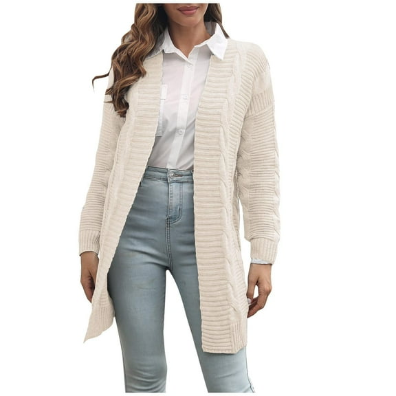 HAPIMO Women's Long Sleeve Outwear Loose Knitted Jackets Casual Cardigans Open Front Fall Winter Outfits Solid Color Midi Coat Fashion Beige S
