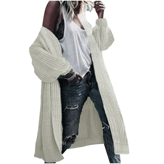 HAPIMO Women's Long Sleeve Outwear Midi Peacoat Trench Coats Open Front Knitted Fall Fashion Solid Color Overcoats Winter Outfits Casual Cardigans White XXL