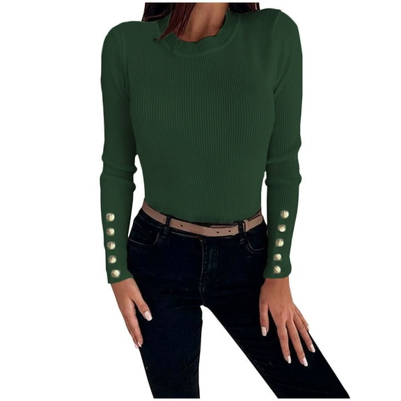 HAPIMO Women's Long Sleeve Soft Sweaters Outfits Slim Knitted Basic Sweatshirts Vacation Casual Ribbed Tops Workout Round Neck Button Pullovers Fashion Green L