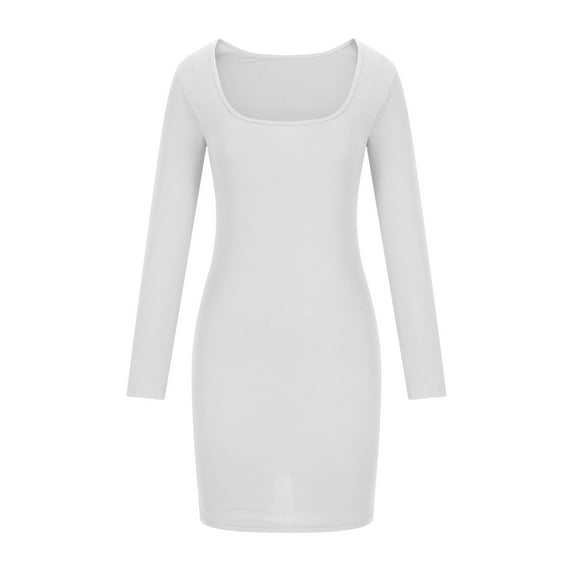 HAPIMO Women's Long Sleeve Spring Mini Bodycon Dress Square Neck Fall Dress Workout Holiday Fashion Elegant Casual Solid Color Slim White L