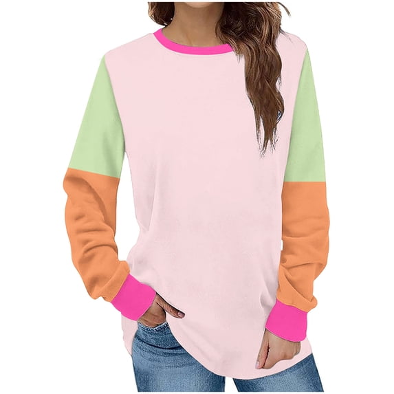 HAPIMO Women's Long Sleeve Sweatshirts Outfits Loose Shirts Vacation Color Block Tops Fashion Workout Round Neck Pullovers Casual Dressy Tunic Pink S
