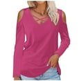 thumbnail image 1 of HAPIMO Women's Long Sleeve Tees Elegant Loose Tops Solid Color Blouses Regular Fitted Casual Cold Shoulder Fashion V Neck Shirts Fall Workout Pink XXL, 1 of 4