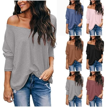 HAPIMO Women's Long Sleeve Tees Loose Basic Ribbed Tops Solid Color Blouses Workout Regular Fitted Casual Cold Shoulder Clearance V Neck Shirts Fall Fashion Black L