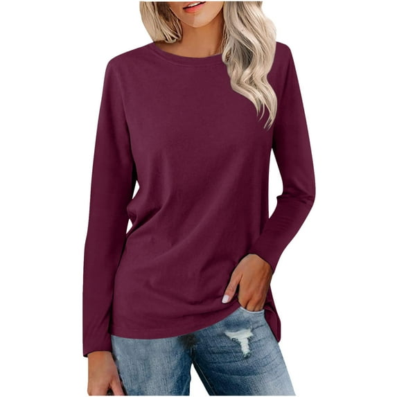 HAPIMO Women's Long Sleeve Tees Loose Basic Tops Round Neck Shirts Fall Fashion Solid Color Blouses Regular Fitted Casual Workout Purple XXXL