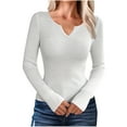 thumbnail image 1 of HAPIMO Women's Long Sleeve V Neck Lettuce Trim Rib Knit Tee Shirt Slim Basic Top White XL, 1 of 4