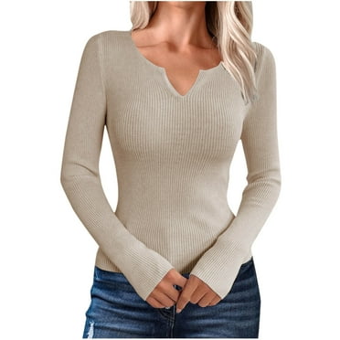 HAPIMO Women's Long Sleeve V Neck Lettuce Trim Rib Knit Tee Shirt Slim Basic Top Clearance Yellow S