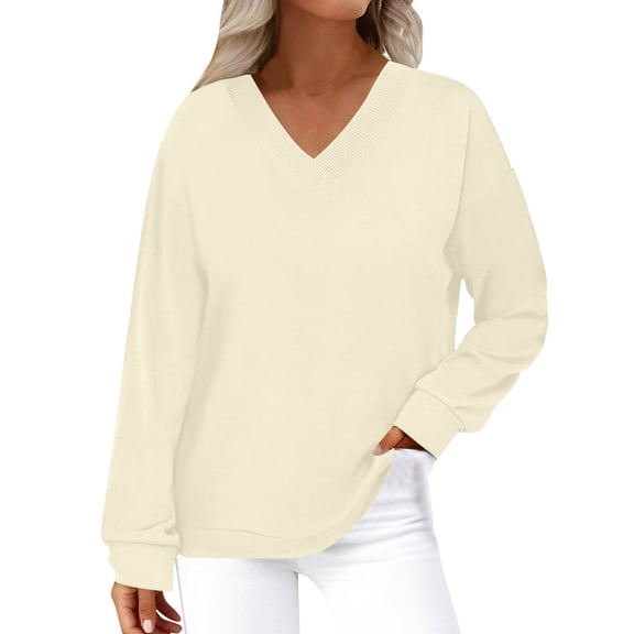 HAPIMO Women's Long Sleeve V Neck Sweatshirts Loose Solid Color Tunic Tops Lightweight Casual Shirts for Everday Wear 2026 Clothes Beige L
