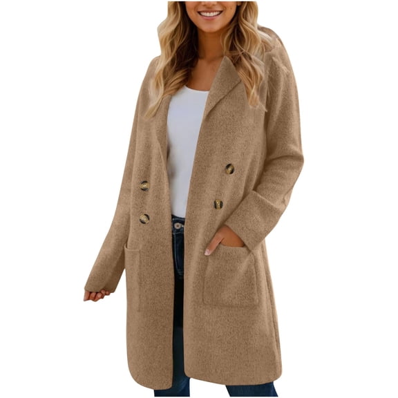 HAPIMO Women's Long Trench Coat Casual Comfy Jacket Long Sleeve Lapel Loose Jacket Solid Double Breasted Jacket Coat Fall Winter Stylish Overcoat Khaki S