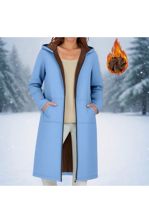 Women's Long Trench Coat Warm Thickened Fleece Lined Jacket Coat Casual Comfy Hoodie Jacket Solid Zip Up Outerwear Fall Winter Trendy Overcoat Sky Blue XXL