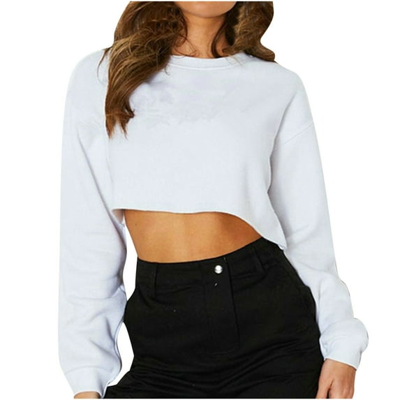 HAPIMO Women's Loose Basic Crop Tops Fashion Crew Neck Sweatshirts Fall Workout Long Sleeve Tees Solid Color Blouses Regular Fitted Casual White S