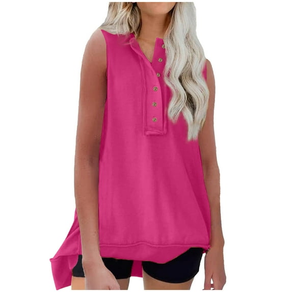 HAPIMO Women's Loose Basic Tank Tops Flowy Tunic Summer Beach Tees Half Button for Girls Trendy Solid Color Sleeveless Workout Shirts Casual Relaxed Tops Pink Clearance
