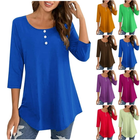 HAPIMO Women's Loose Basic Tops Dressy Tunic Fashion Round Neck Shirts Fall Regular Fitted Casual Button Down Solid Color Blouses 3/4 Sleeve Tees Workout Green L