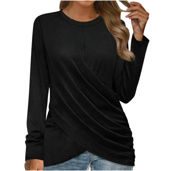 HAPIMO Women's Loose Basic Tops Fashion Regular Fitted Casual Criss-Cross Solid Color Pleated Blouses Long Sleeve Tees Round Neck Shirts Fall Workout Clearance Black S