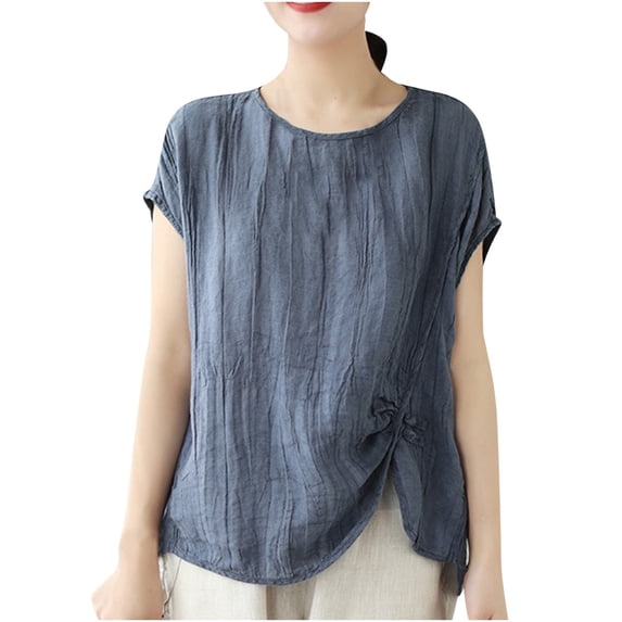 HAPIMO Women's Loose Cotton Lined Pullover Clearance Trendy Short Sleeve Round Neck Shirts Casual Relaxed Workout Tops for Teen Girls Solid Color Ruched Summer Tees Blue L