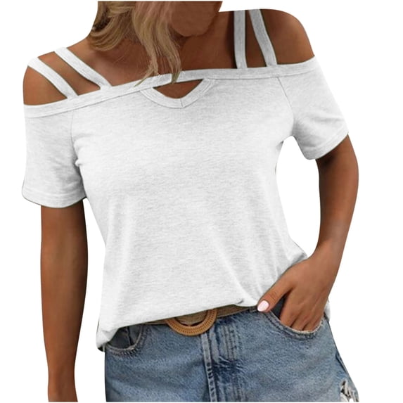 HAPIMO Women's Loose Cotton Lined Pullover Trendy Solid Color Cold Shoulder Shirts for Teen Girls Summer Tees Short Sleeve Casual Relaxed Workout Tops White S