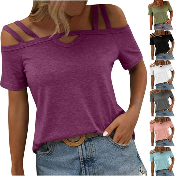 HAPIMO Women's Loose Cotton Lined Pullover Trendy Solid Color Cold Shoulder Shirts for Teen Girls Summer Tees Short Sleeve Casual Relaxed Workout Tops Black L