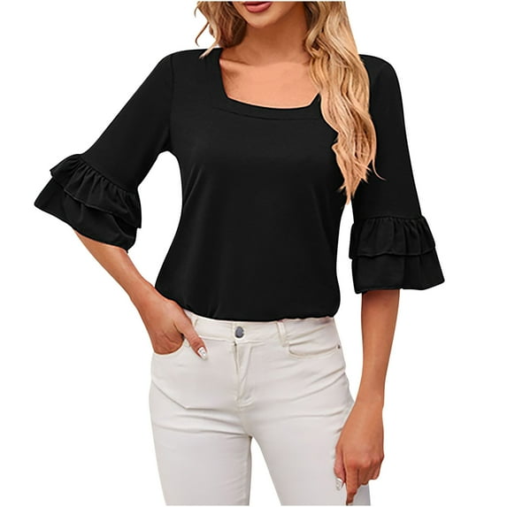 HAPIMO Women's Loose Cotton Lined Pullover Clearance Trendy Solid Color Square Neck Shirts for Teen Girls Summer Tees Ruffle Sleeve Casual Relaxed Workout Tops Black XL