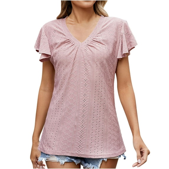 HAPIMO Women's Loose Cotton Lined Pullover Dressy Tunic Short Sleeve Elegant Casual Workout Tops Trendy Solid Color Eyelet V Neck Shirts Girls Summer Tees Pink XXL