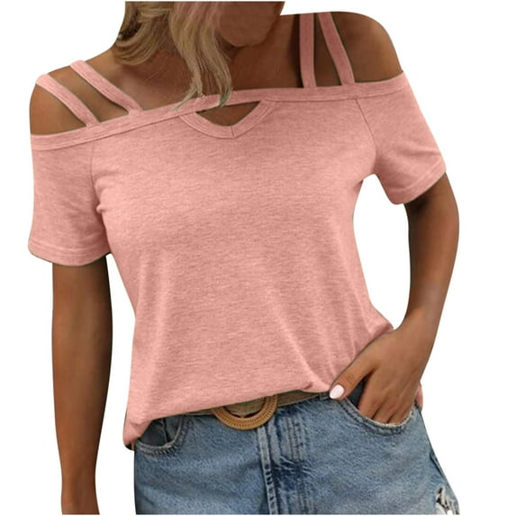HAPIMO Women's Loose Cotton Lined Pullover Trendy Solid Color Cold Shoulder Shirts for Teen Girls Summer Tees Short Sleeve Casual Relaxed Workout Tops Pink M