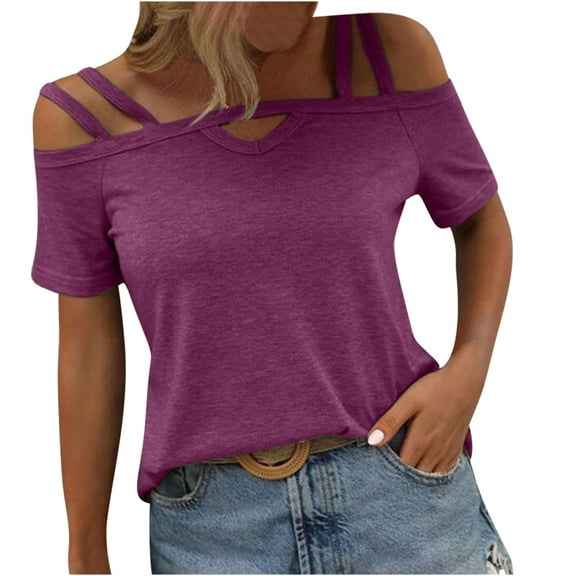 HAPIMO Women's Loose Cotton Lined Pullover Trendy Solid Color Cold Shoulder Shirts for Teen Girls Summer Tees Short Sleeve Casual Relaxed Workout Tops Purple XXL