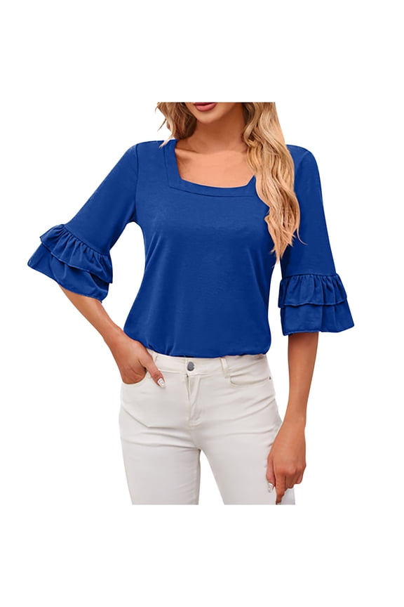 Women's Loose Cotton Lined Pullover Trendy Solid Color Square Neck Shirts for Teen Girls Summer Tees Ruffle Sleeve Casual Relaxed Workout Tops Blue M