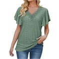 thumbnail image 1 of HAPIMO Women's Loose Cotton Lined Pullover Trendy Summer Tees Solid Color Eyelet Lace Crochet Ruffle Sleeve V Neck Shirts Casual Relaxed Workout Tops Girls Green S, 1 of 5