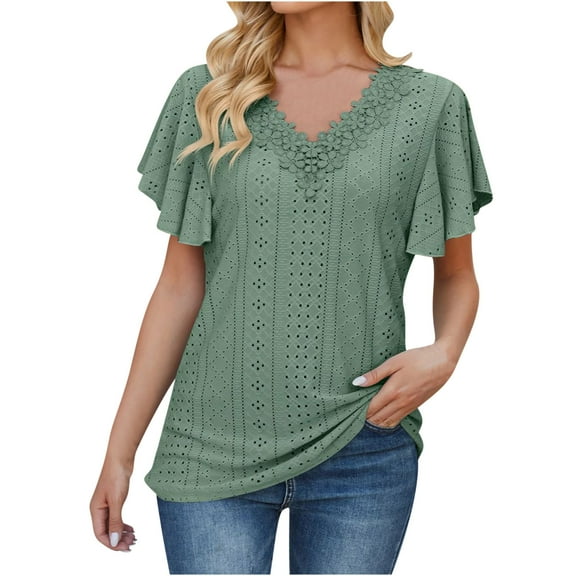 HAPIMO Women's Loose Cotton Lined Pullover Trendy Summer Tees Solid Color Eyelet Lace Crochet Ruffle Sleeve V Neck Shirts Casual Relaxed Workout Tops Girls Green S