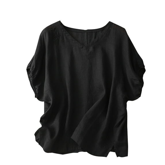 HAPIMO Women's Loose Cotton Lined Tops Trendy 3/4 Sleeve Tees Casual Workout Shirts Relaxed V Neck Button Blouses Floral Embroidery Graphic Summer for Girls Black XL
