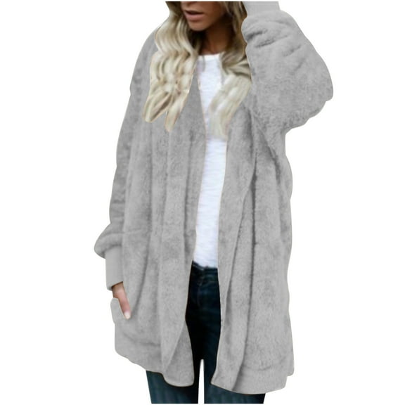 HAPIMO Women's Loose Flannel Jackets Fashion Long Sleeve Outwear Casual Woolen Coat Open Front Hoodie Fall Solid Color Soft Fleece Coat Winter Outfits Gray L