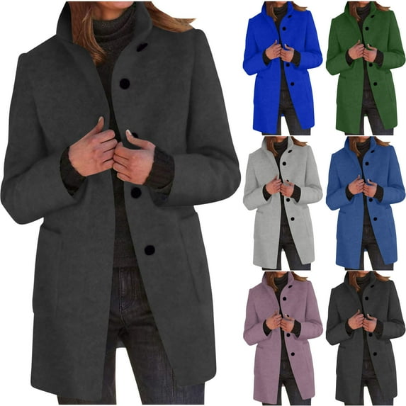 HAPIMO Women's Loose Flannel Jackets Fashion Peacoat Casual Woolen Trench Coat Button Up Shackets Fall Winter Outfits Long Sleeve Outwear Pockets Overcoats Black L