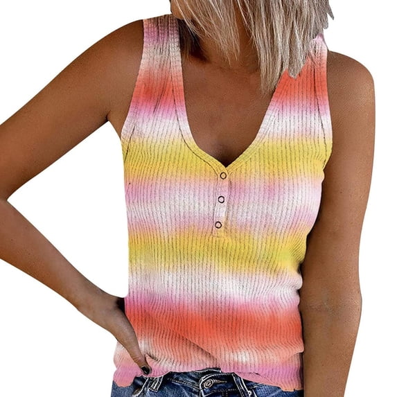 HAPIMO Women's Loose Knit Tank Tops Clearance Floral Gradient Print Retro Camisole Sleeveless U Neck Button Leisure Comfy Relaxed Beach Blouses Summer Fashion Orange XXXXXL