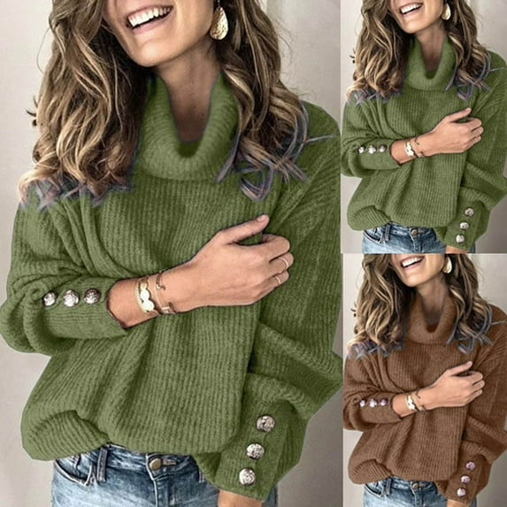 HAPIMO Women's Loose Knitted Jumper Tops Sweatshirt Trendy Casual Comfy Sale Solid Button Tees Clothing Autumn Winter Turtle Collar Pullover Long Sleeve Shirts Army Green S