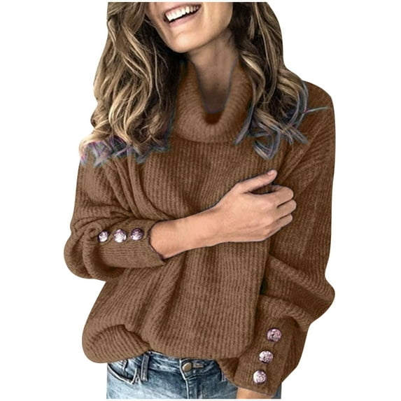 HAPIMO Women's Loose Knitted Jumper Tops Sweatshirt Trendy Casual Comfy Sale Solid Button Tees Clothing Autumn Winter Turtle Collar Pullover Long Sleeve Shirts Brown XXXXXL