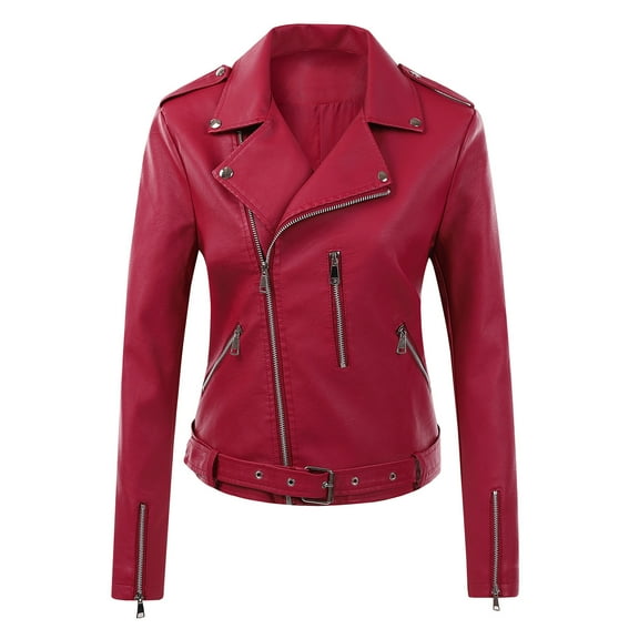 HAPIMO Women's Loose Leather Jackets Motocycle Fashion Turn Down Collar Zip Up Fall Long Sleeve Outwear Pockets Coat Casual Short Biker Jackets Winter Outfits Red M