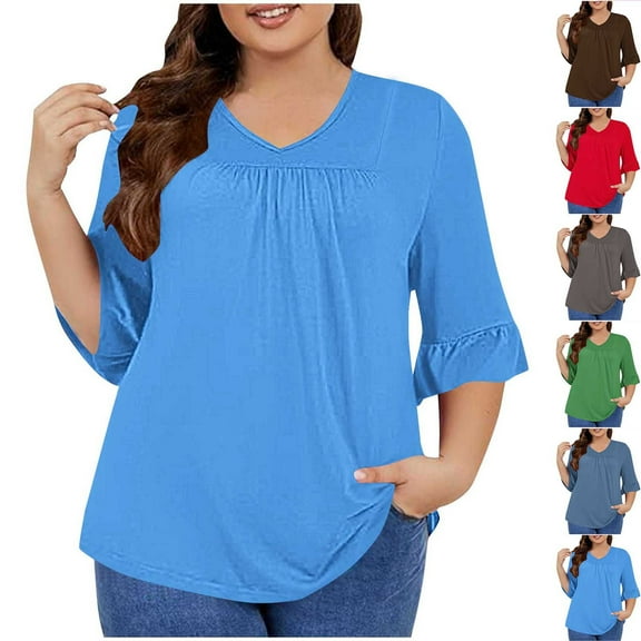 HAPIMO Women's Loose Plus Size Shirts Vacation Fashion 3/4 Sleeve Tees Ruffle Outfits Workout Solid Color Tops V Neck Pleated Pullovers Casual Brown L