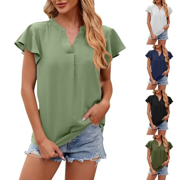 HAPIMO Women's Loose Pullover Dressy Tunic Ruffle Sleeve Summer Tees Solid Color V Neck Shirts Elegant Casual Workout Tops for Teen Girls Trendy Green L