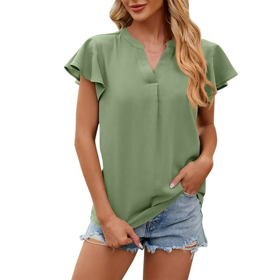 HAPIMO Women's Loose Pullover Dressy Tunic Ruffle Sleeve Summer Tees Solid Color V Neck Shirts Elegant Casual Workout Tops for Teen Girls Trendy Green M