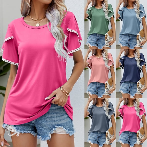 HAPIMO Women's Loose Pullover Dressy Tunic Solid Color Summer Tees Petal Sleeve Tassels Round Neck Shirts Elegant Casual Workout Tops Trendy for Teen Girls Blue L
