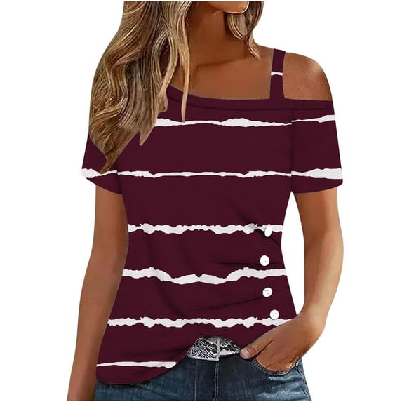 HAPIMO Women's Loose Pullover Stripe Tees Summer Trendy Girls Short Sleeve Tops Cold Shoulder Blouse Casual Relaxed Workout Wine XXL