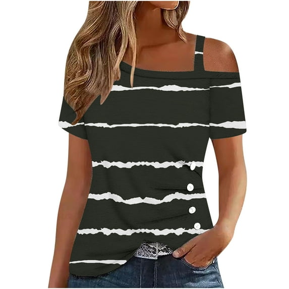 HAPIMO Women's Loose Pullover Stripe Tees Summer Trendy Girls Short Sleeve Tops Cold Shoulder Blouse Casual Relaxed Workout Army Green XXL