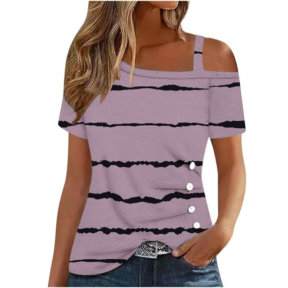HAPIMO Women's Loose Pullover Stripe Tees Summer Trendy Girls Short Sleeve Tops Cold Shoulder Blouse Casual Relaxed Workout Pink XL