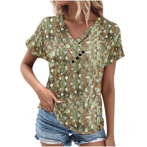 HAPIMO Women's Loose Pullover Tunic Clearance Elegant Casual Workout Tops for Teen Girls Trendy Summer Tees Floral Boho Graphic V Neck Ruched Button Shirts Short Sleeve Orange L