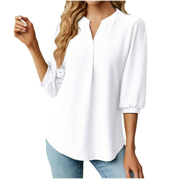 HAPIMO Women's Loose Pullover Tunic Summer Tees Solid Color Ruched Short Sleeve V Neck Shirts Elegant Casual Workout Tops for Teen Girls Trendy White L