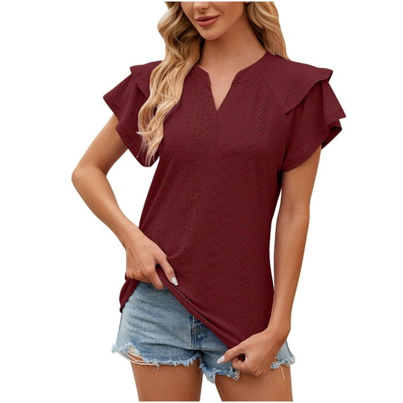 HAPIMO Women's Loose Pullover Tunic Summer Tees for Teen Girls Trendy Solid Color Eyelet Ruffle Short Sleeve Elegant Casual Workout Tops V Neck Shirts Red L