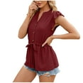 thumbnail image 1 of HAPIMO Women's Loose Pullover Tunic Clearance Summer Tees Trendy Solid Color Eyelet Ruffle Short Sleeve Drawstring V Neck Button Shirts Elegant Casual Workout Tops Girls Red S, 1 of 4
