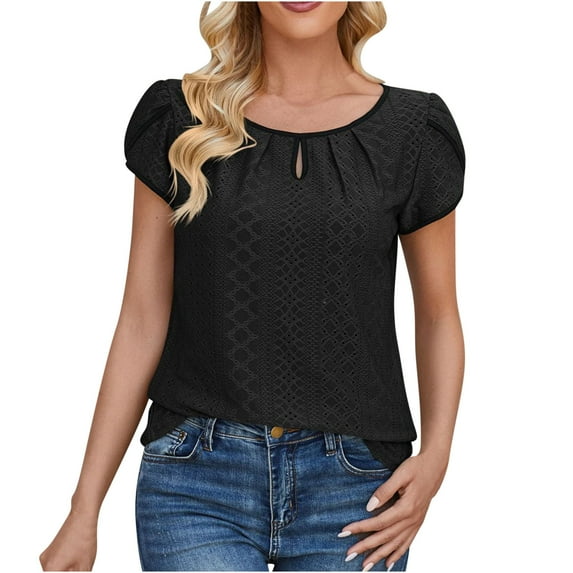 HAPIMO Women's Loose Pullover Tunic Clearance Trendy Petal Sleeve Round Neck Shirts Elegant Casual Workout Tops for Teen Girls Solid Color Eyelet Summer Tees Black XXL