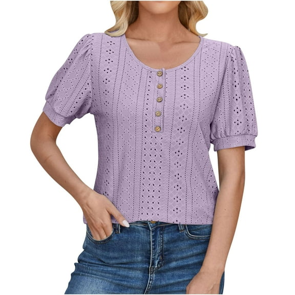 HAPIMO Women's Loose Pullover Tunic Trendy Round Neck Button Shirts for Teen Girls Solid Color Eyelet Summer Tees Short Sleeve Elegant Casual Workout Tops Purple XXL