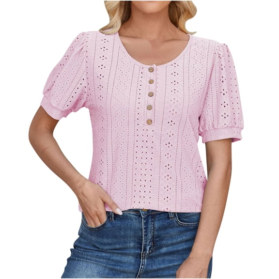HAPIMO Women's Loose Pullover Tunic Trendy Round Neck Button Shirts for Teen Girls Solid Color Eyelet Summer Tees Short Sleeve Elegant Casual Workout Tops Pink XXL