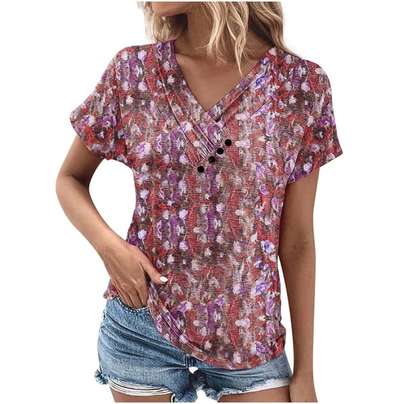 HAPIMO Women's Loose Pullover Tunic Clearance V Neck Ruched Button Shirts for Teen Girls Trendy Summer Tees Floral Boho Graphic Elegant Casual Workout Tops Short Sleeve Pink XXL