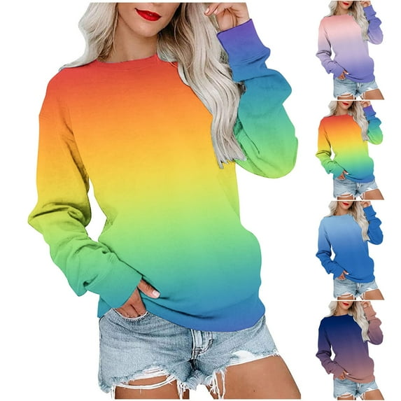 HAPIMO Women's Loose Pullovers Sweatshirts Gradient Tops Long Sleeve Crew Neck Casual Relaxed Teen Girls Outwear Clothing Trendy Holiday Blue S